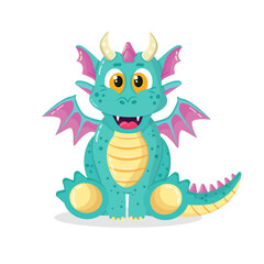 Kawaii cute little dragon monster in cartoon style isolated on white background. Symbol of the new 2024 year