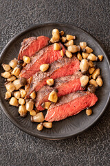 Steak rib eye with mushrooms