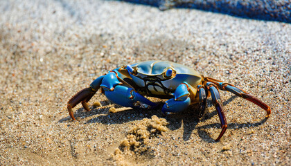 Fototapeta premium close-up of a blue crab on the shoreline