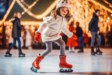 Young girl skating on ice in an ice ring during a christmas carnival, having fun on ice