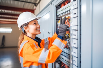 Young woman electrician installing a electric switchboard system while wearing safety gear