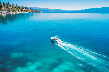 Naklejka premium Drone shot view of boat sailing across the blue clear water, beautiful summer getaway