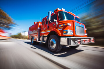 Shot of fire truck driving with lights on in fast motion blurry background, emergency drive