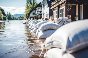 Foto op Aluminium Full line of flood protection sandbags protecting houses from water, flood emergency © VisualProduction