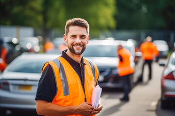 Portrait of male driving instructor standing with orange traffic coat and watching the learners drive