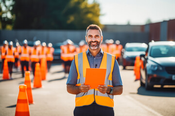 Portrait of male driving instructor standing with orange traffic coat and watching the learners drive