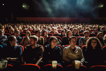 Shot of crowded theater while playing a movie, full capacity of the movie theater