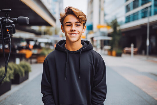 Portrait of young handsome you tuber filming content in the city, modern streaming platforms jobs