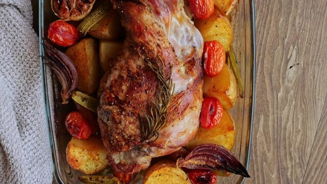 roasted leg of lamb with vegetables, top view