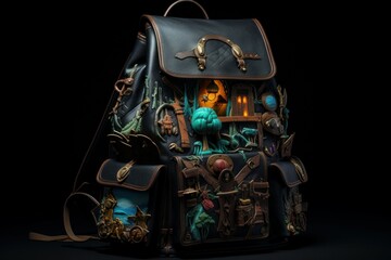 Exciting Fantasy adventure backpack travel. Nature compass. Generate Ai - obrazy, fototapety, plakaty