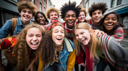 Trendy hippie teen group smiling in summer. Hugging best friends. - obrazy, fototapety, plakaty
