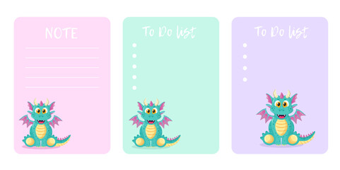 Fototapeta na wymiar Set of cute note child organizer, check list, lined to do list with kawaii dragon. Printable kids checklist. Scrapbook, diary, page notebook, daily planner. Kawaii cutie stationery for little children