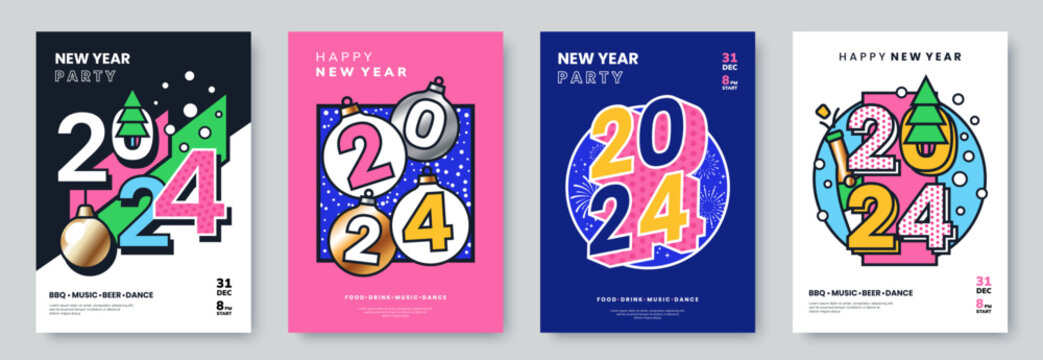 New Year 2024 Creative Poster Design With Colorful Holiday Graphics, Thick Outline And Bold Typography. New Year Greeting Card Collection. Ideal For Banner, Flyer, Invitation. Vector Illustration.