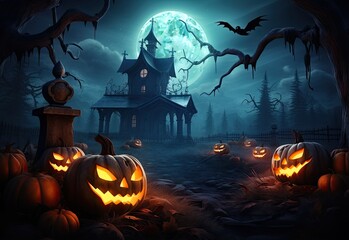 Halloween background with pumpkins and a haunted house