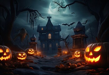 Fototapeta na wymiar Halloween background with pumpkins and a haunted house