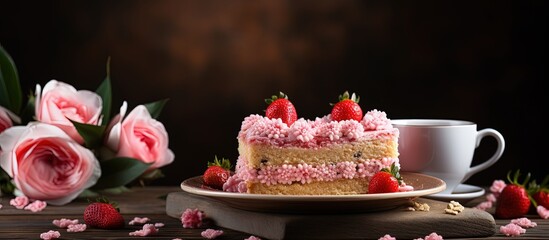 Valentine s or Mother s Day cake on wooden table with copy space