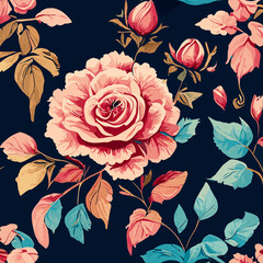 dark blue rose stylish retro pattern with painted leaves and blossoms that exude a nature generative AI