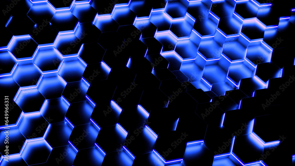 Poster geometric hexagonal block wall moving background. design. waving texture of hexagonal particles.