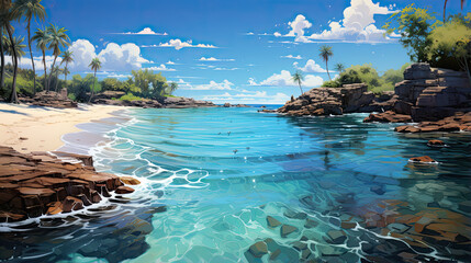 painting style illustration of beautiful peaceful tropical ocean lagoon banner background wallpaper