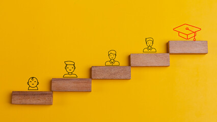 Wooden cubes with the evolution of a person from birth to graduation. Graduation from university,...