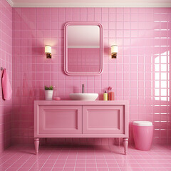Fototapeta na wymiar Pink tile wall chequered background bathroom floor texture. Ceramic wall and floor tiles mosaic background in bathroom