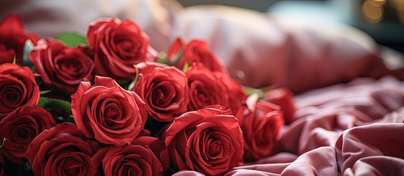 Valentine s Day themed background featuring red roses on bed with white blanket close up