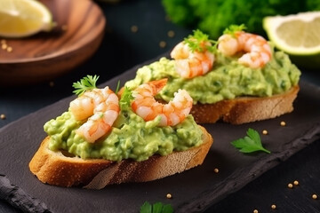 Open sandwiches with avocado pate and shrimps, close up. Generative AI