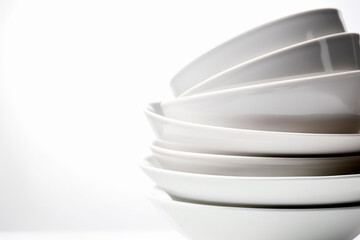 Stack of white ceramic bowls. Generative AI