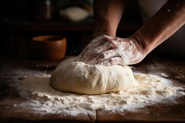 Scene of the chef's hands kneading bread dough.