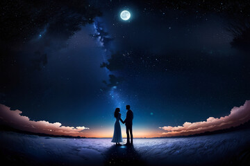 Fototapeta na wymiar Silhouette of a loving couple against the background of the starry sky