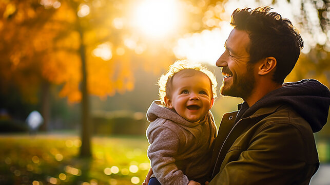 Father And Baby Laughing In Winter Park.