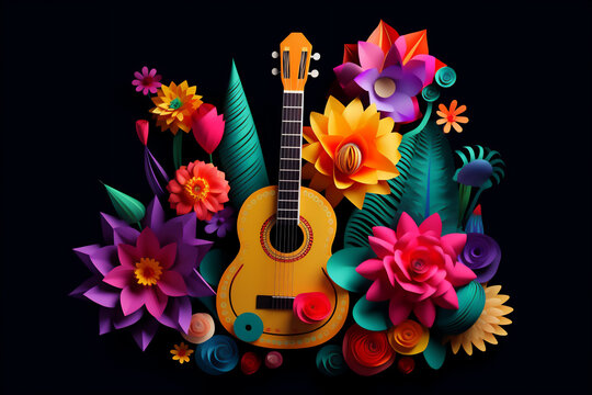  Cinco de Mayo, mexican paper decoration guitar, cactus with flowers, black background, generative AI