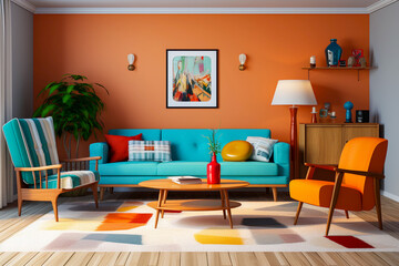 Vintage living room interior design with blue sofa odd armchairs and a coffee table retro style sitting room with ornaments and abstract art on an orange painted wall