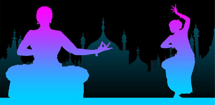 danza, baile, vector, silueta, telas, teatral, libre, mujeres, india
