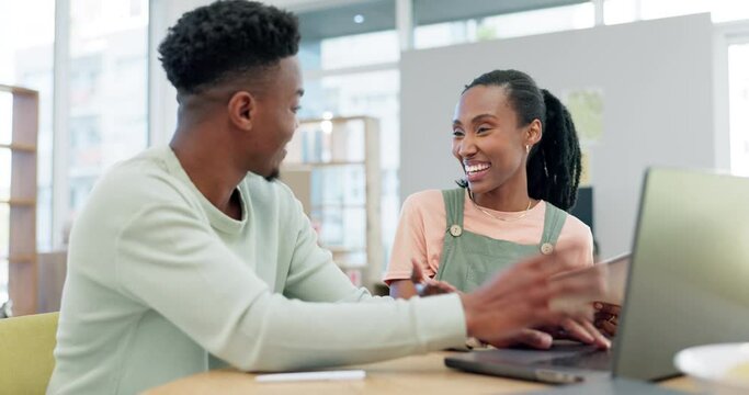 Couple, bills and laptop to celebrate at home with success, handshake and happiness at table. Black man and woman with a computer excited about loan approval, debt payment or good news and online win