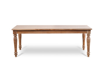 long dining table made of natural teak wood on white background