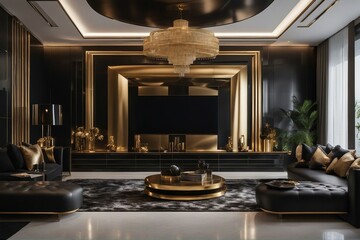 Art deco style interior design of modern living room with black wall and golden decor pieces