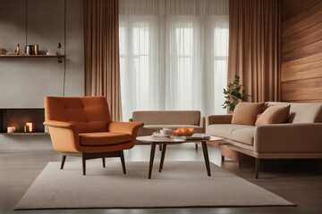 Beige lounge chair near orange loveseat sofa against wood and stone paneling wall Mid-century style