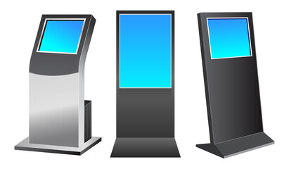 set of realistic trade exhibition computer stand or white blank exhibition kiosk or stand booth corporate commercial. 3D Render