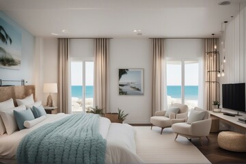 Fototapeta na wymiar Coastal style interior design of modern bedroom