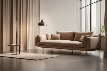 Minimalist home interior design of modern living room Beige velvet sofa and floor lamp against wall