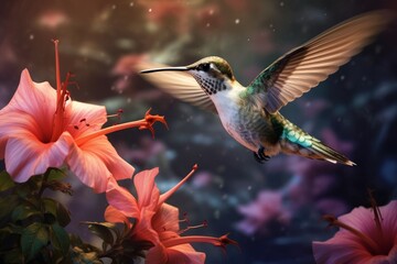 Iridescent Flying hummingbird. Flower bird nature. Generate Ai - obrazy, fototapety, plakaty