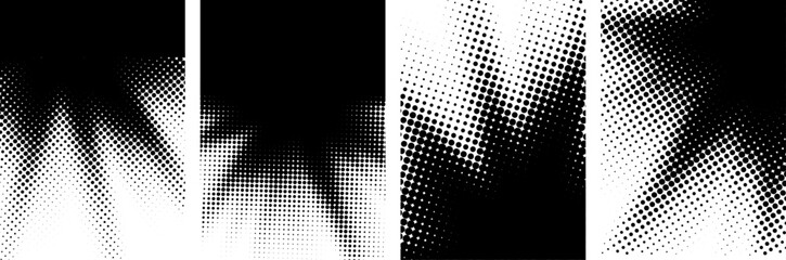 Set of black and white sunny rays gradient halftone dots backgrounds with space for text.