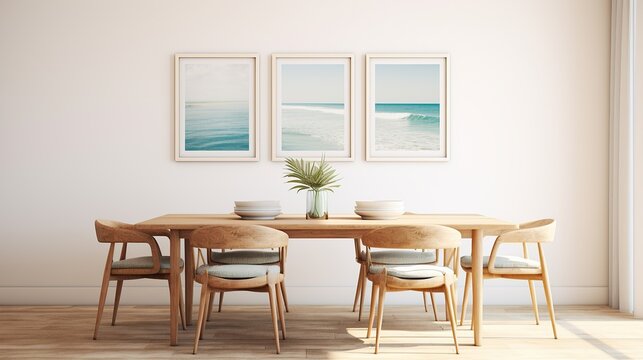 Elegant coastal style dining room with beach picture frames, Scandi interior design AI generated