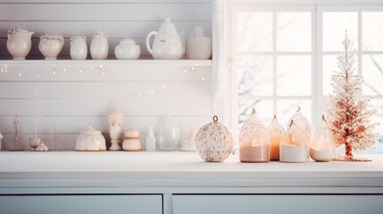 Fototapeta na wymiar Scandinavian Christmas kitchen with holidays decors, Happy holidays and New year 2024, Generative ai