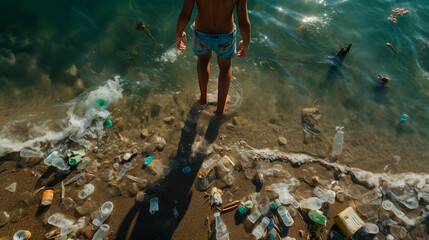 boy on the seashore contaminated with plastic bottles pollution aereal view