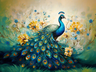 A peacock with floral with watercolor and acrylic style 