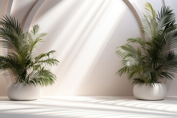 Fototapeta premium Abstract white studio background for product presentation. Empty room with shadows from windows and flowers and palm leaves. 3D room with copy space