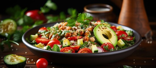 Vegan quinoa salad packed with chickpeas spinach avocado and veggies ideal for healthy diets