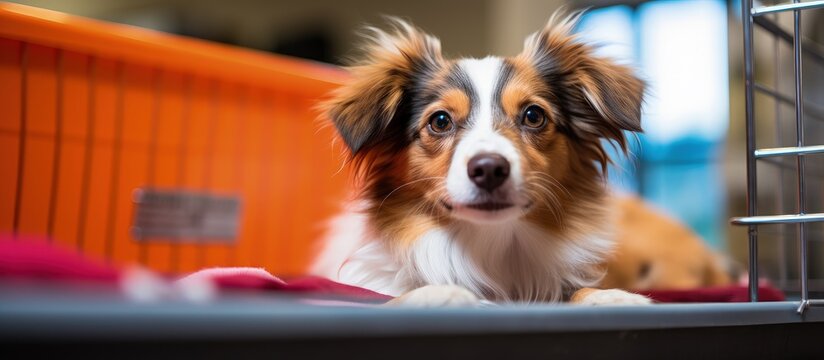 A cute dog resting in her cage after grooming wearing a red shirt and waiting for her owner